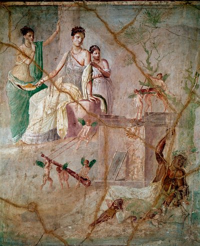 Herakles og Omphale (herkules og Omphale) Romersk freskomaleri af 3. pompeiansk stil fra Pompeji (freskomaleri fra Pompeji) 40-60 e.Kr. Dim 88x103 cm Konserveret på det nationale arkæologiske museum i Napoli Italien af Roman
