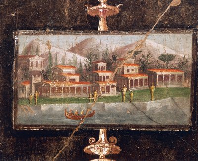 Landskab og arkitektur i vægmaleri i tablinum, House of Marco Lucrezio Fronto, Pompeji, Campania, romersk civilisation af Roman