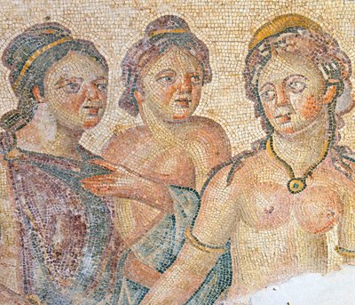 Leda og hendes stuepiger, detalje fra Leda og Zeus mosaik, House of Aion, Paphos, Cypern (mosaik) af Roman