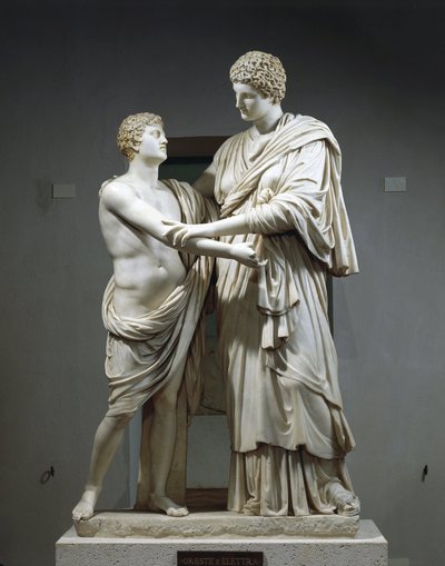Skulpturgruppe i marmor, der portrætterer Orestes og Electra af Roman