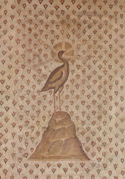 Mosaiksten, detalje af det centrale motiv med en Føniks på en seng af rosenknopper, fra gården til en villa i Daphne, Antiokia, romersk, slutningen af det 5. århundrede f.Kr. marmor- og kalkstensmosaik detalje af 1 af Roman