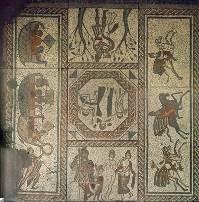 Mosaikbelægning fra den romerske villa ved Low Ham, der illustrerer historien om Dido og Aeneas fra Virgils Æneid, ca. 350 e.Kr. (mosaik) af Roman