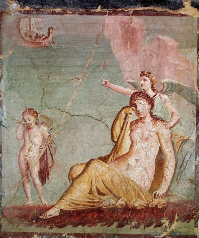 Nemesis, hævnens gudinde, viser Theseus-skibet, der netop har forladt Ariadne (fresko af Roman