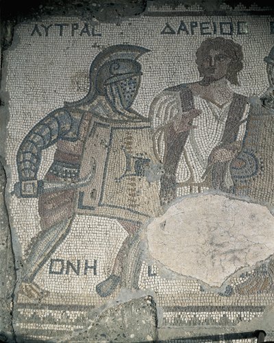 Maleri af to gladiatorer på en mosaikvæg, Kourion, Limassol, Cypern af Roman