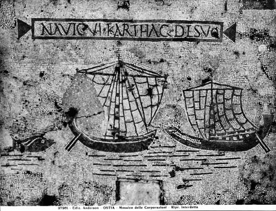 Fortovsdetalje fra Piazzale dell Corporazioni, der viser en nautisk scene (mosaik) af Roman