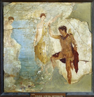 Perseus befrier Andromeda. Fresco 37,5x37,5cm. Fra de fem skeletters hus (Casa dei cinque Skeletri) i Pompeji. sd. Museo nazionale archeologico, Napoli (Napolis arkæologiske museum). © Raffael/Leemage af Roman