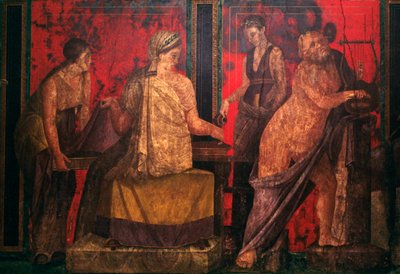 Præstinde og en silenus, der spiller en lyre, scene fra indvielsen til de dionysiske mysterier, Triclinium i Mysteriernes Villa, Pompeji (UNESCOs verdensarvsliste af Roman