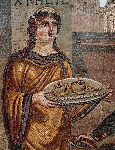Fangen Chresis giver nøgler af sin løsesum til sin fangefanger Agamemnon, detalje fra Mosaik af Chresis afsløret i Daphne, Antiokia, Tyrkiet af Roman