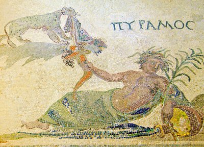 Pyramus og Thisbe, detalje af Pyramus og leoparden, House of Dionysos, Paphos, Cypern mosaik af Roman