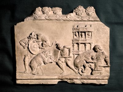 ROMERSK KUNST: Basrelief i terrakotta med tre gladiatorer, der kæmper mod en ... af Roman