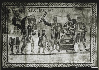 ROMERSK KUNST: Måling af korn (majs). Det korn, som Gaius Gracchus ..., 2. århundrede e.Kr (mosaik) af Roman