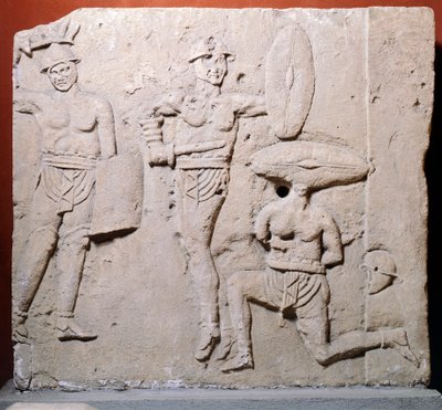 Relief, der viser gladiatorscene fra Due Madonne-området, Bologna, romersk civilisation af Roman