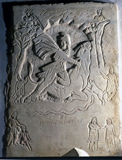 Relief der skildrer den iranske guddommelighed Mithra (eller Mitra) slagter tyren, et dyr forbundet med den. 4. århundrede. Palazzo dei Conservatori, Rom. af Roman