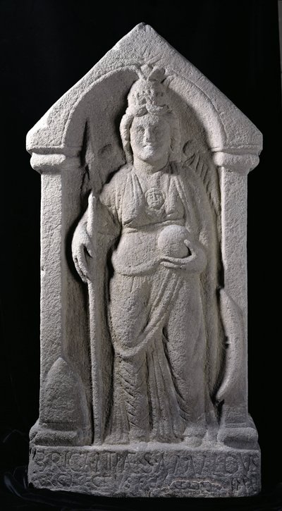 Reliefskulptur, der forestiller Brigantia, en nordbritisk indfødt gudinde, som en romersk gudinde, fra Birrens, Middlebie, Dumfriesshire (sten) af Roman
