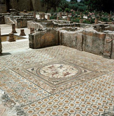 Rester af mosaikkerne i den romerske by af Roman