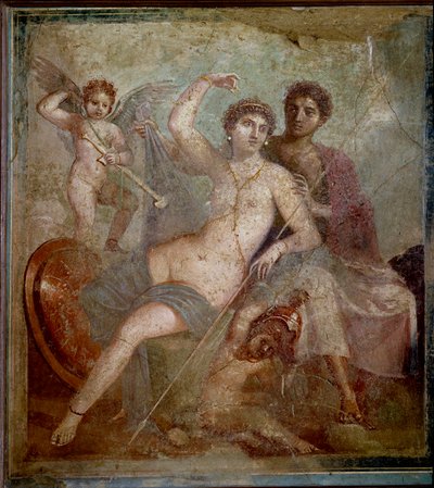 Repræsentation af Ares og Afrodite, ledsaget af elsker at lege med gudens våben. Fresko fra Villa de Mars og Venus i Pompei. 1. århundrede e.Kr. Arkæologisk museum i Napoli - romersk kunst: Ares, Afrodite og Eros. Afrodite (Venus) recl af Roman