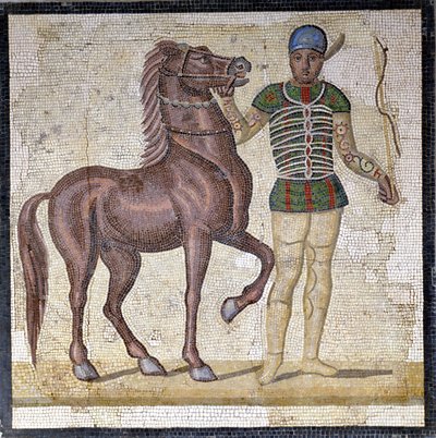 Repræsentation af de fire fraktioner af det romerske cirkus: De Grønne (factio prasina). Fraktionerne var klubber involveret i cirkuskonkurrencer i det øvre imperium (1. århundrede e.Kr.) og karakteriseret ved en farve. Mosaik, Rom Museo nazionale Romano. af Roman
