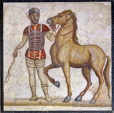 Repræsentation af de fire fraktioner af det romerske cirkus: den røde (factio russata). Fraktionerne var klubber involveret i cirkuskonkurrencer i det øvre imperium (1. århundrede e.Kr.) og karakteriseret ved en farve. Mosaik, Rom Museo nazionale Romano. af Roman
