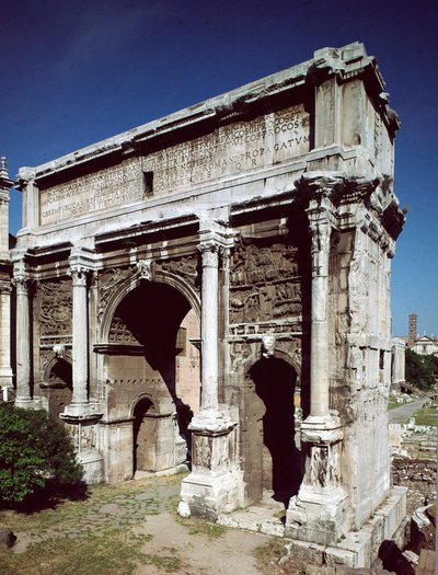 Romersk kunst: Triumfbuen for den romerske kejser Septime Severus (Lucius Septimius Severus) (146-211) realiseret i 203 e.Kr., Forum Romanum, Rom af Roman