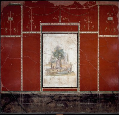 Romersk kunst: "" Bukolisk landskab og hellig "" Fresco tilskrevet mesteren af ​​Amando. fra Boscotrecase, Agrippa Postumo villa. 1. århundrede. Mål 153x98 cm Napoli, Nationalt Arkæologisk Museum af Roman