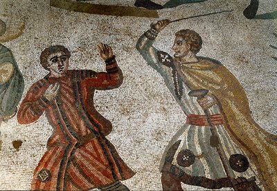 Romersk kunst: Detalje af mosaikken "" Den store jagt"" En romersk aristokrat straffer en af sine slaver med en pind. 315-350 e.Kr. Piazza Armerina, Villa Romana del Casale af Roman
