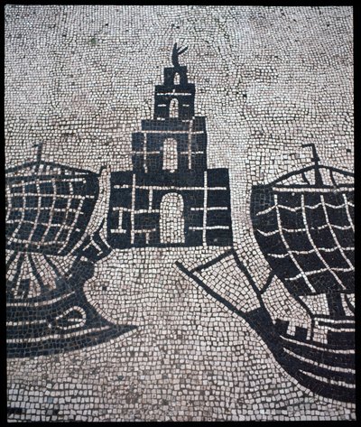 Romersk kunst: "" Fyrtårn og skibe"" Mosaik af Corporation des gens de la mer, Place des Corporations af Roman