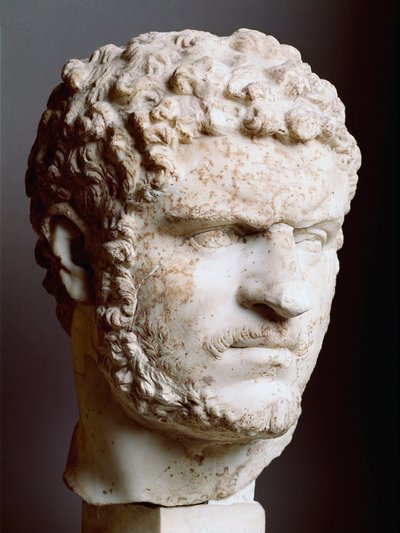 Romersk kunst: "" Marmorhoved af Caracalla (188-217), kejser fra 211 til 217 e.Kr., 211-217 e.Kr., Dim. 28 cm - Rom, Palazzo dei Conservatori, Italien - Head of Caracalla (188-217) - Marmorskulptur af Roman