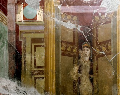 Romersk kunst: "" Portræt af en kvinde i indgangen til en dør"" Detalje af en fresko af villaen af Fabio Rufo (Marcus Fabius Rufus) 1. århundrede e.Kr. Pompei, Italien af Roman
