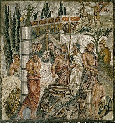 Romersk kunst: "" The Sacrifice of Iphigenie "" Kong Agamemnon ofrer sin datter for at dæmpe Artemis (Dianas) vrede. Mosaik fra det 1. århundrede f.Kr. Museum of Ampurias (Empurias), Spanien af Roman