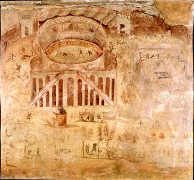 Romersk kunst: "" Voldelig kamp mellem indbyggerne i Nocera og pompeierne i amfiteatret i Pompei i 59 e.Kr."" Detalje af en fresco. 1. århundrede e.Kr. Fra Pompei-stedet. Napoli, Museo Archeologico Nazionale af Roman