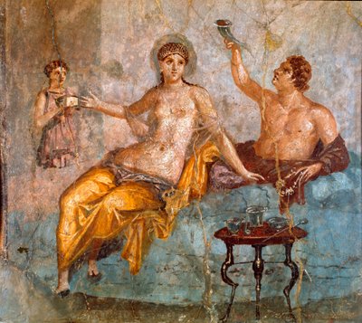 Romersk kunst: banketscene, en ung mand og en kurtisane (en banket i det gamle Rom, en ung mand og en kurtisane) Romersk fresko af 4. Pompeiansk stil fra stedet for Ercolano (Herculanum eller Herculaneum) 60-80 e.Kr. Dim 65x66 cm Præsenteret på National af Roman