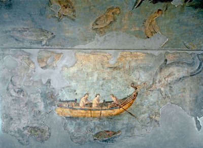 Romersk kunst: "" fiskere på en båd""" Fresko fra et hus beliggende nær en flodhavn i Rom. 131 e.Kr. Rom, Museo Nazionale Romano (o delle Terme) af Roman