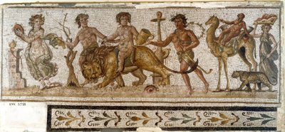 Romersk antikvitet: "" Dionysian Procession""" Silene rider på en kamel, en menade spiller et instrument. Mosaik fra El Jem (Thysdrus). 3. århundrede e.Kr. El Djem (Thysdrus), arkæologisk museum af Roman
