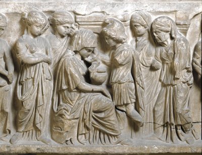 Romersk antikvitet: "" Phedrus tristhed i kærlighed og frastødt af Hippolyte"" Lavt relief af sarkofag kaldet "" Phedrus og Hyppolite"". 3. e.Kr. Palermo, Museo Archeologico Nazionale af Roman