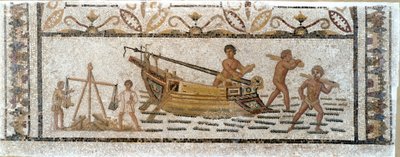 Romersk antikvitet: "" Losser en last af træ fra et skib og vejer bly""" Mosaik, der kommer fra Sousse i Tunesien. 3. århundrede e.Kr. Svag. 90x230 cm Musee du BarDo, Tunis af Roman