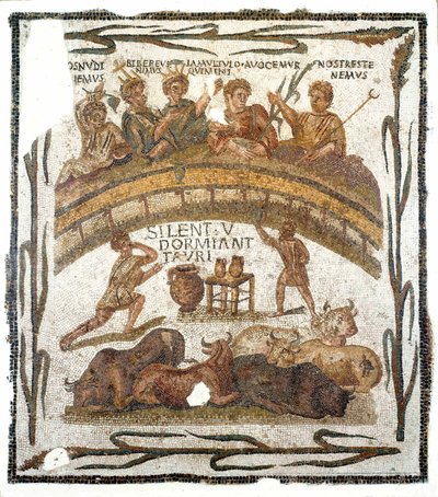 Romersk antikvitet: "" banketscene for amfiteatrets broderskab""" Mosaik fra El Djem (eller Jem) i Tunesien. 3. århundrede e.Kr. Svag. 131x145 cm Musee du Bardo, Tunis af Roman