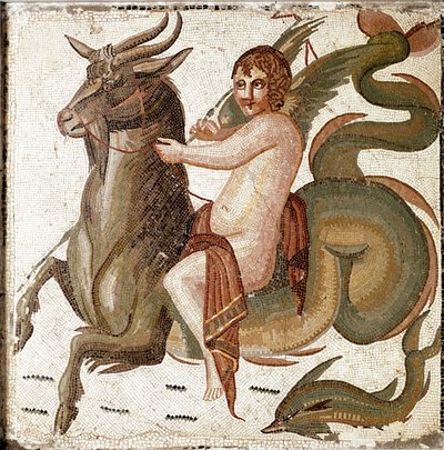 Romersk kunst: "Amor rider på et havvæsen"" Mosaik fra en villa tilhørende kejser Septius Severes familie. Slutningen af 2. århundrede efter JC. Rom, Museo Nazionale Romano af Roman