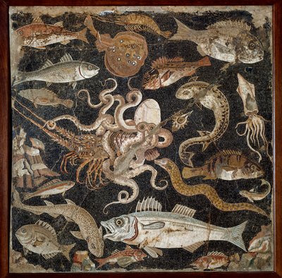 Romersk kunst: "" Marine fauna"" Mosaik fra det 2. århundrede. Napoli, Nationalt Arkæologisk Museum, inv. 120177 - Romersk kunst: Marine liv. Mosaik fra det 2. århundrede f.Kr. Nationalt Arkæologisk Museum, inv. 120177, Napoli, Italien. af Roman