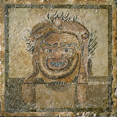Romersk kunst: Romersk teatermaske. Mosaik fra Ampurias (Empúries). 2. århundrede e.Kr. Spanien Empurias Museum af Roman