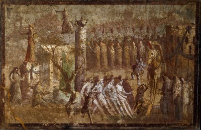 Romersk kunst: "" Tabula Iliaca"" indgang fra den trojanske hest. Trojanerne trækker hesten til væggene, mens Cassandre forsøger at modarbejde dem. Fresko fra Pompei. Napoli, Museo Archeologico Nazionale af Roman