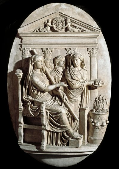 Romersk kunst: en offerscene i Vesta (Hestia) fra Villa Albani (lavt relief) af Roman