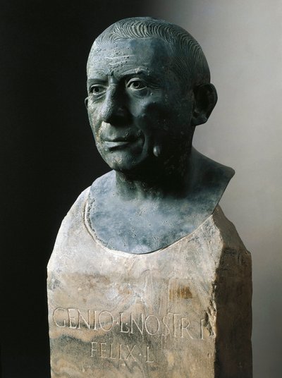 Romersk kunst: buste af bankmanden Lucius Caecilius Iucundus (cirka 20-69 e.Kr.) Bronzeskulptur. 1. århundrede e.Kr Fra Pompeji. Napoli, det nationale arkæologiske museum af Roman