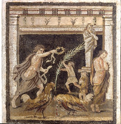 Romersk kunst: hanekamp i en palestra i nærværelse af personifikationerne af nederlag og sejr. Mosaik fra Villa du Labyrinth i Pompei. 2. stil. Svag. 46x42 cm Museo Archeologico Nazionale, Napoli af Roman