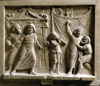 Romersk kunst: komedieteaterscene (komedie) af stykket "Andria" af Terence (Publius Terentius Afer) (185-159 f.Kr.), relief fra Pompei - Museo Archeologico Nazionale Napoli - Scene for den græske komedie Andria, af Terence (Publius Terentius Afer) (195/185 af Roman