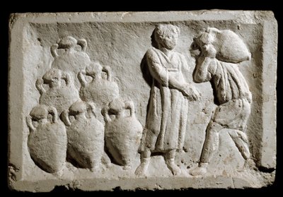 Romersk kunst: "" indlæsning og stuvning af vinkander""" Relief. 2. århundrede e.Kr. Rom, Museum for romersk civilisation af Roman