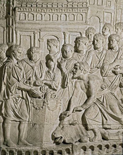 Romersk kunst: lavrelief, der repræsenterer Sarmat-borgere, der hylder romerne. Fra reliefferne af Marc-Aureles søjle (Marx Aurele). 2. århundrede e.Kr. Rom, Museo della Civilta Romana af Roman