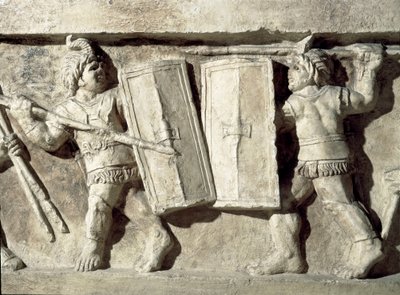 Romersk kunst: lavt relief, der repræsenterer et slag af gladiatorer. 1. århundrede e.Kr. Rom, Museo della Civilta Romana af Roman