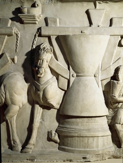 Romersk kunst: lavrelief, der repræsenterer et møllehjul. 1. århundrede e.Kr. Rom Museo della Civilta Romana af Roman