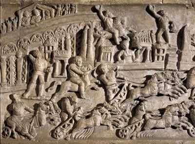 Romersk kunst: lavrelief, der repræsenterer tankløb ved Circus Maximus (Grand Circus eller Circus Maxime) i Rom. 2. århundrede e.Kr. Rom, Museo della Civilta Romana af Roman