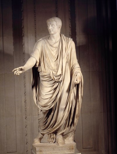 Romersk kunst: marmorstatue af kejser Tibere (Tiberio Claudio Nerone, 42 f.Kr.-37 e.Kr.), romersk kejser. søn 2 m. Paris, Louvre-museet af Roman